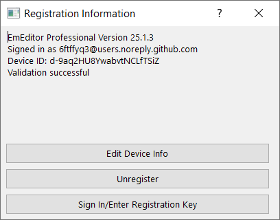 Registration Information local device token with login and registration key